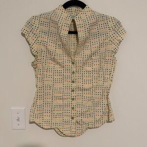 Odille Anthropologie Rainbow Heart Print Mandarin Collar Top Cream Multi Size 8